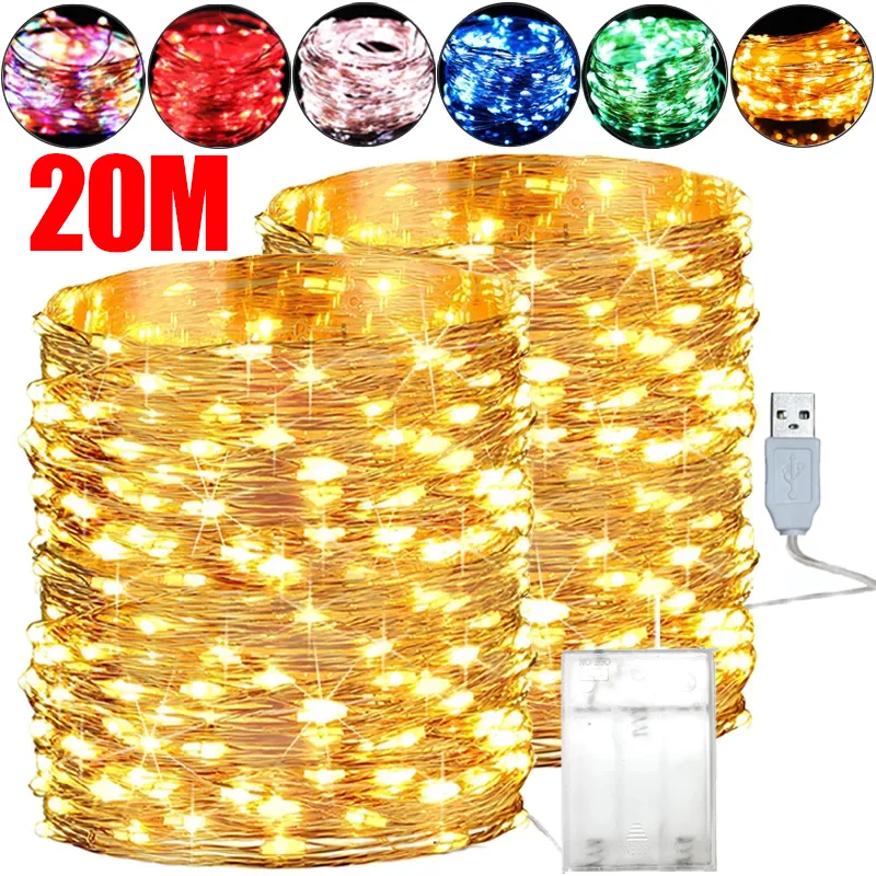20 metres of copper wire fairy lights glowing warm white