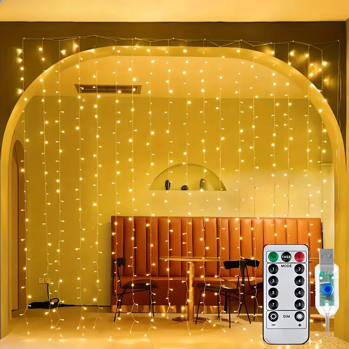 Curtain of warm white fairy lights hanging in a living room