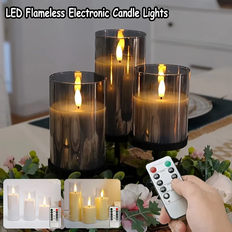 Set of three flameless LED pillar candles in glass