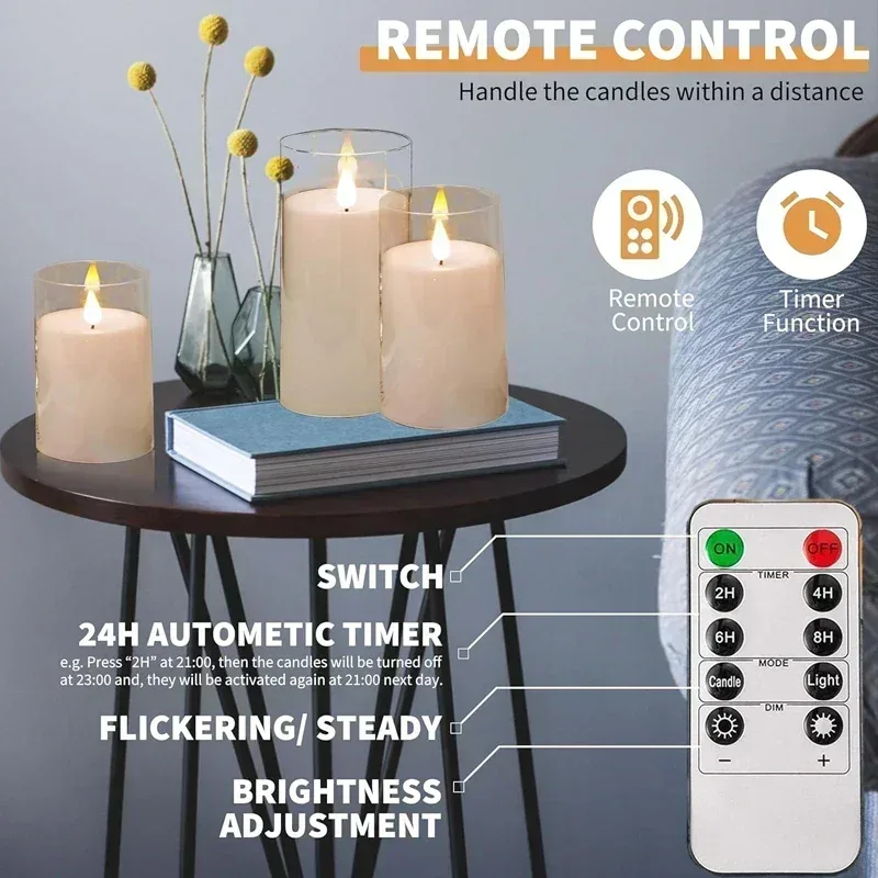 Flameless LED Pillar Candles with Remote, Set of 3, photo 3