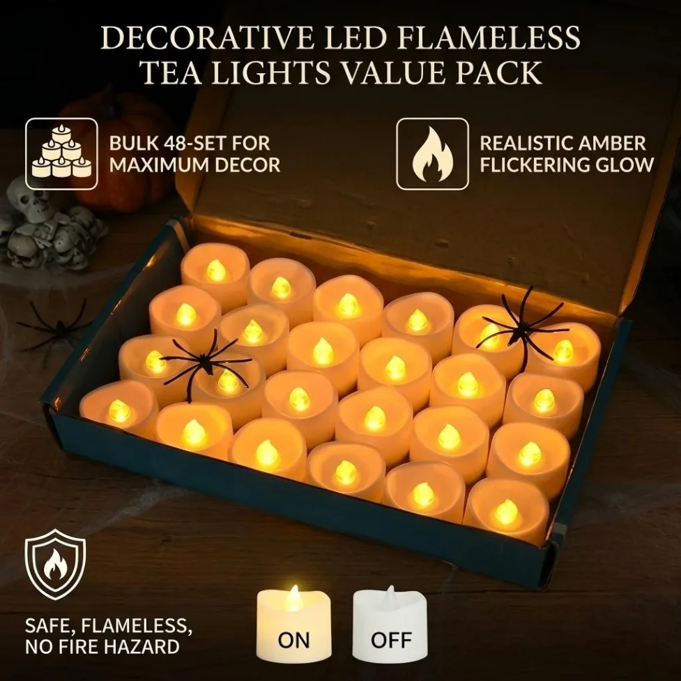 Boxed set of flameless LED tea lights glowing amber