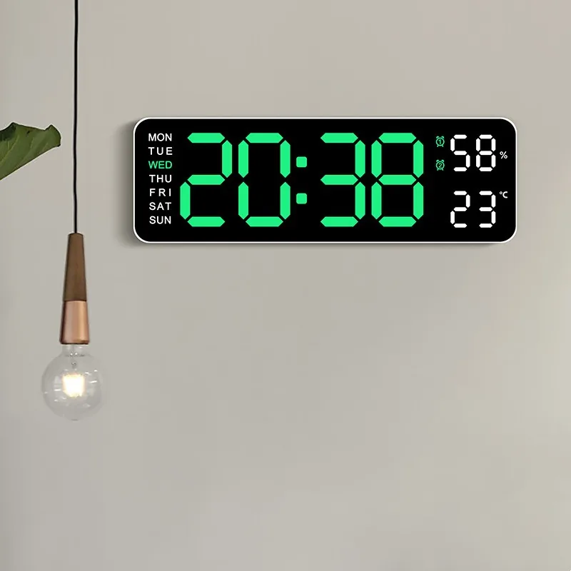 Large digital LED wall clock showing the time, day, date and temperature