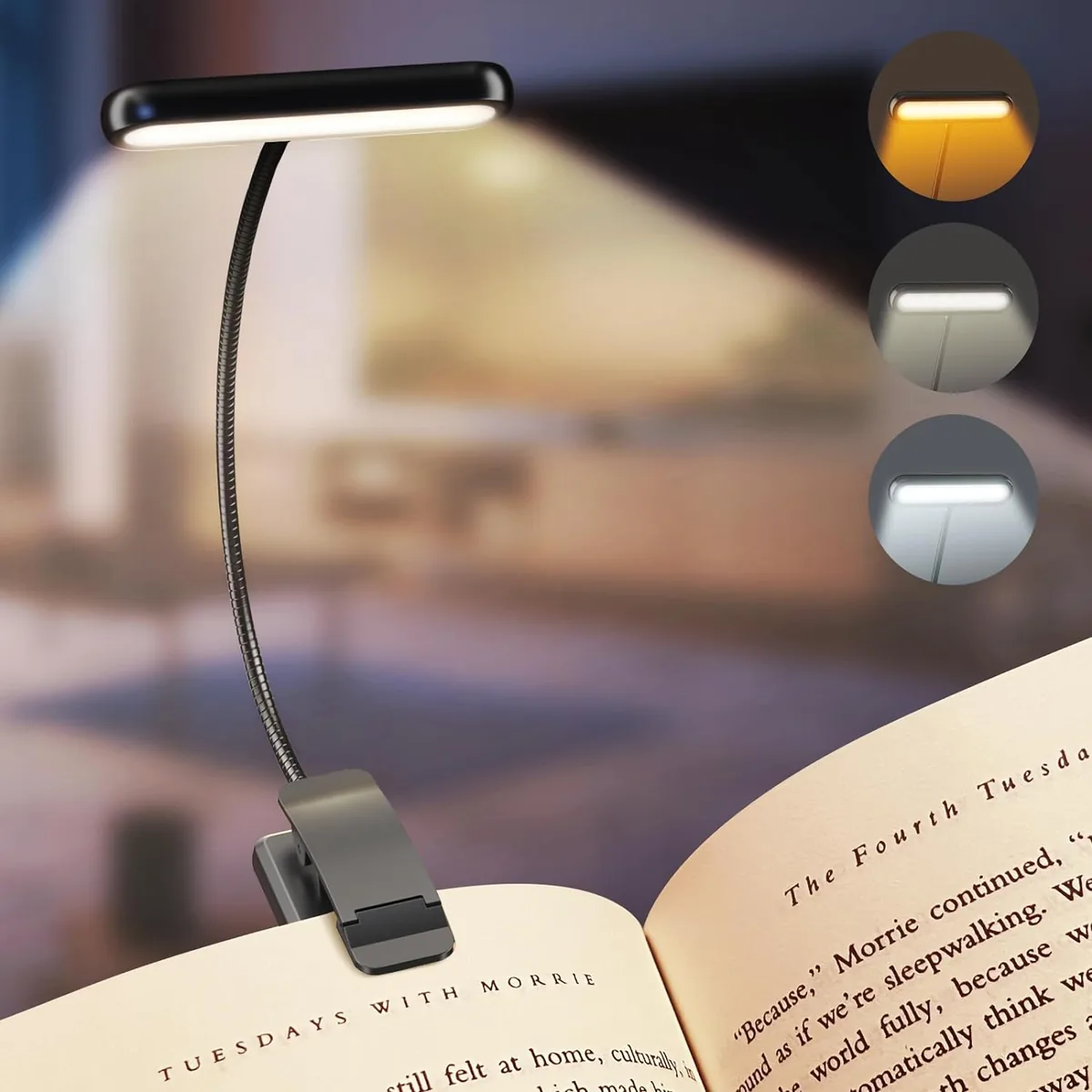 Black clip-on reading light on the page of a book