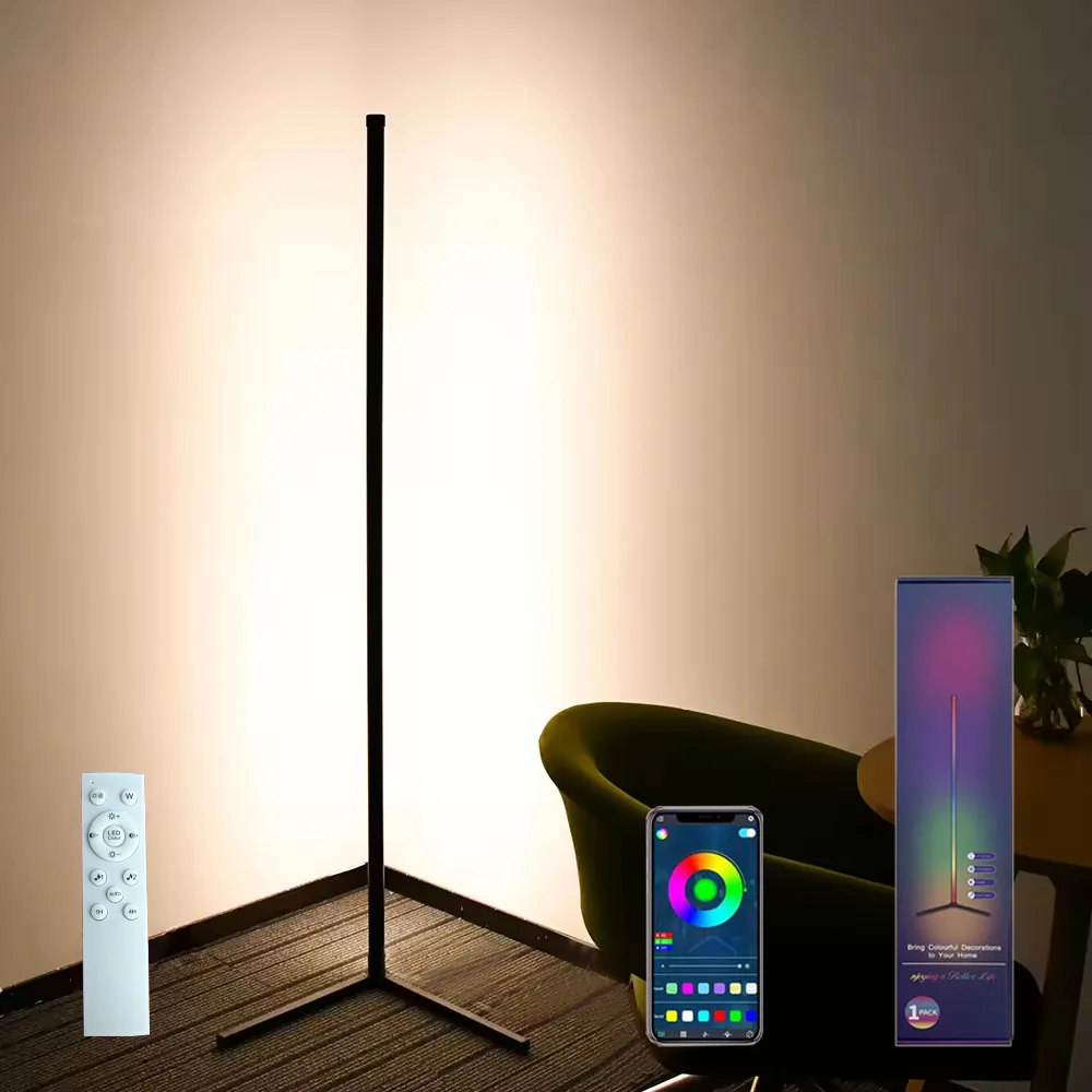 Slim black RGB corner floor lamp glowing in a living room