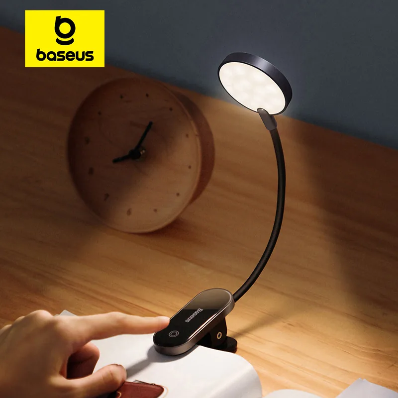 Black round clip-on LED desk lamp with a flexible post