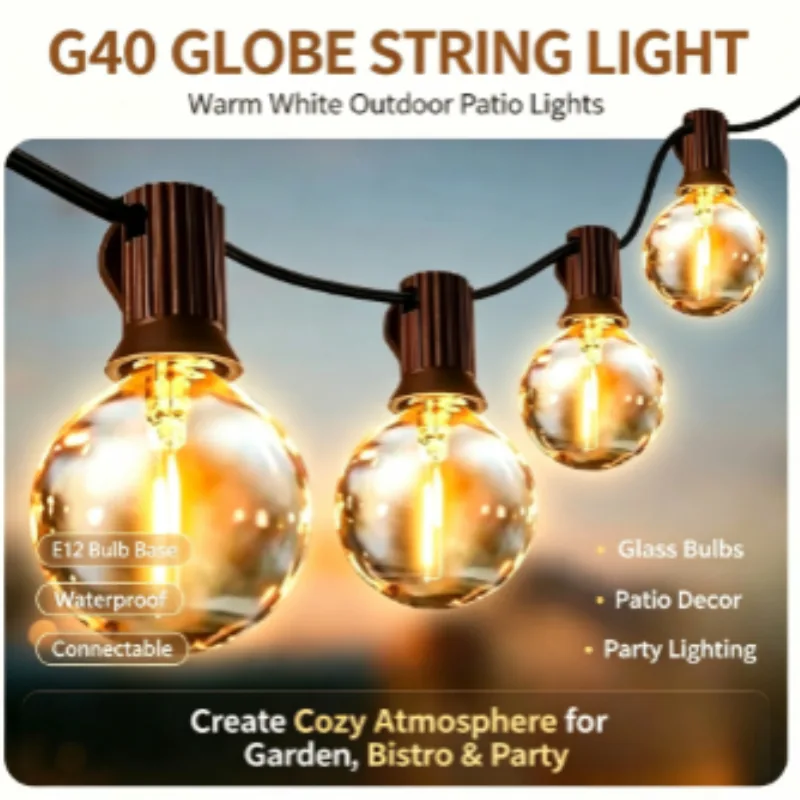 Warm white G40 globe string lights over a patio at dusk