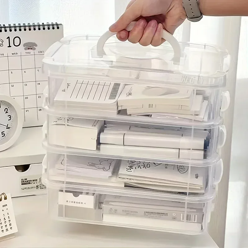 Clear stackable three tray storage box with a carry handle