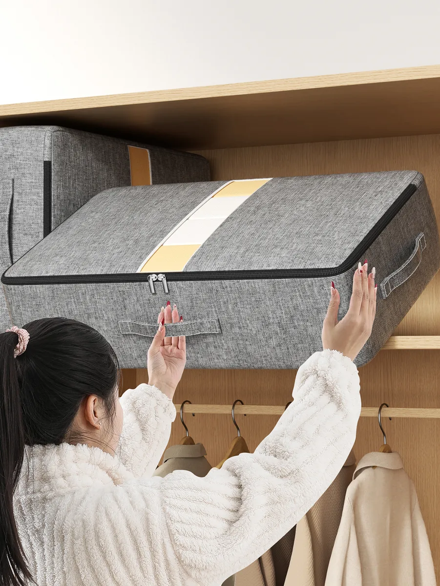 Grey fabric underbed storage bag with handles