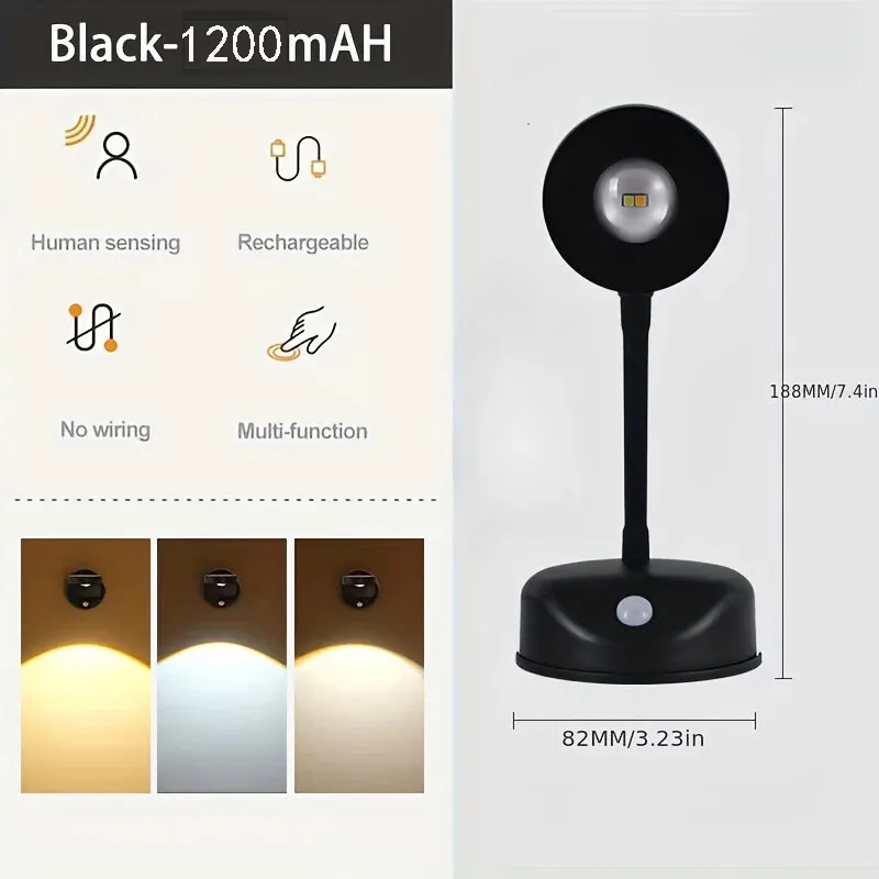 Black wireless wall lamp with a motion sensor and a flexible neck